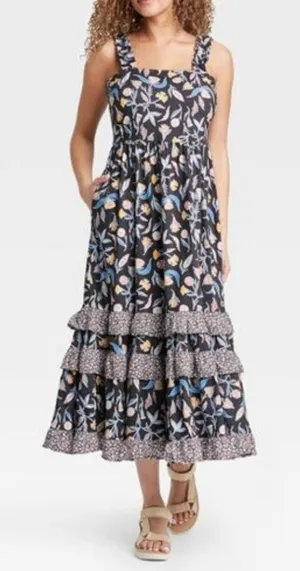 Universal Thread Tiered Floral Maxi Dress S‎ Ruffle Navy Pockets Cotton Blend thumbnail 1