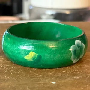 Vintage green wooden hand painted flower bangle bracelet thumbnail 5