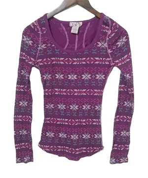 OP S Tribal Snowflake Waffle Long Sleeved Top in Purple thumbnail 1