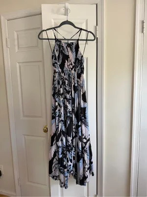 Free People Intimately Tropical Floral Smocked Halter Maxi Dress Black Blue S thumbnail 6