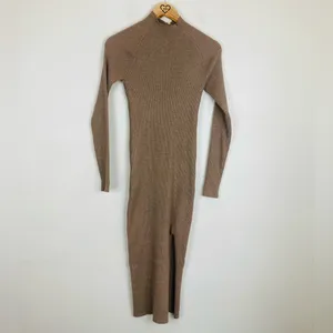 NWT Quince EcoKnit Ribbed Mick Neck Midi sweater dress in warm taupe colorway S thumbnail 3