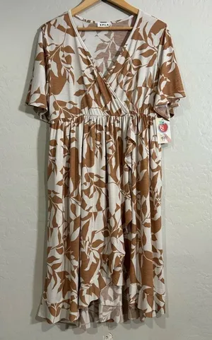 SPLA Tan White Leaf Print Faux Wrap Midi Dress Ruffle Tropical Summer Large NWT thumbnail 1