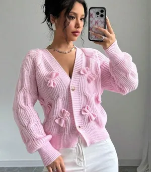 Pink Bow Knit Cardigan Sweater Coquette Cottagecore Oversized XL thumbnail 1