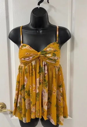 Free People Mirage Boho High-Low Tunic Twist-Front Raw Edge Floral Yellow Cami S thumbnail 1