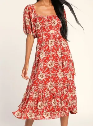 NWT Lulus Daily Daydream Rust Red Floral Print Puff Sleeve Midi Dress - Size L thumbnail 1