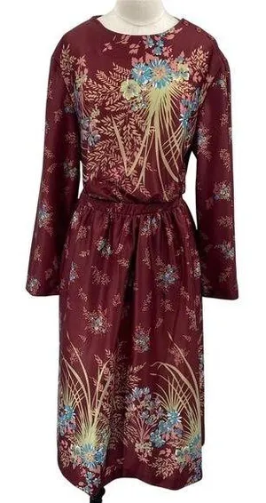 Vintage 70s Floral Print Matching Skirt Set Button Neck Tunic Midi Maroon Small thumbnail 1