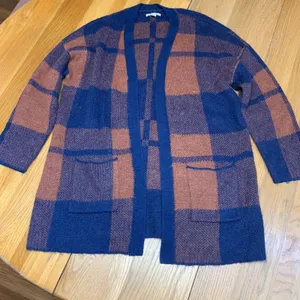 American Eagle Womens Blue Orange Buffalo Plaid Wool‎ Blend Cardigan Sweater S thumbnail 1