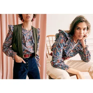 💕SEZANE💕 West Shirt Ranch Marine Multi-Color Paisley Floral Print FR 38 = US 6 thumbnail 3