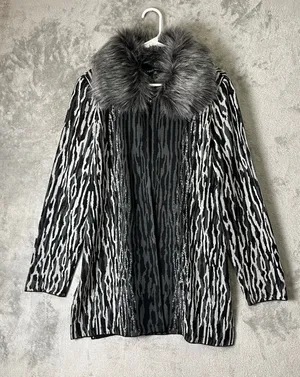 Ming Wang L Black Gray Animal Print Faux Fur Collar Statement Jacket Y2K Baddie thumbnail 1