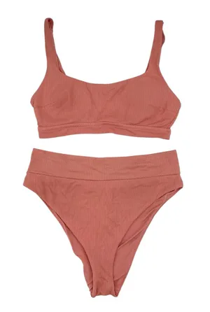 Aerie Scoop Neck High Cut Cheeky Bikini Set Size XL Salmon Pink Textured Knit thumbnail 1