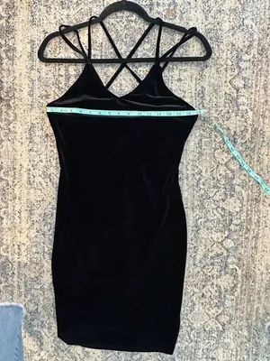 Black Velvet Slip Dress Criss Cross Straps Mini Bodycon thumbnail 3