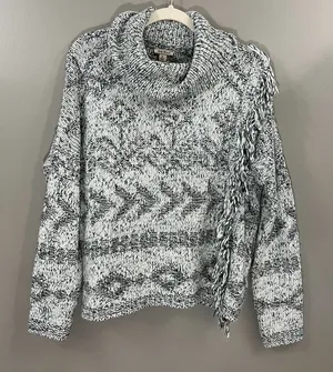Lucky Brand Sweater Women's XL Green White Cowl Neck Aztec Fringe Wool Blend thumbnail 1