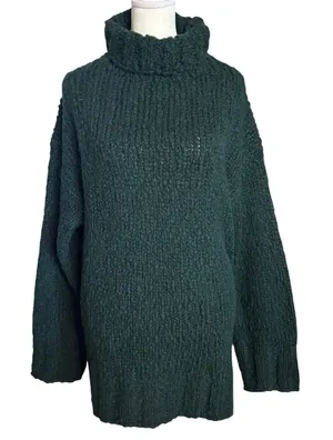 J Crew M L Turtleneck Sweater Chunky Textured Knit Wool Alpaca Heather Rich Pine thumbnail 1