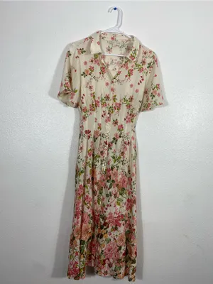Floral Button-Front Midi Dress in Cream and Pink Size M thumbnail 2