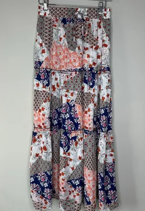 Womens Patchwork Blue White and Pink Tiered Maxi Skirt Size Small Boho Hippie thumbnail 1