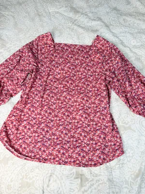 Time and Tru Pink Floral Square-Neck Puff Sleeve Blouse thumbnail 2