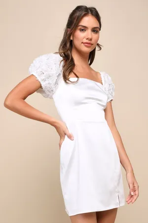 NWT Lulus Precious Enchantment White Satin Floral Puff Sleeve Mini Dress LWD S thumbnail 1