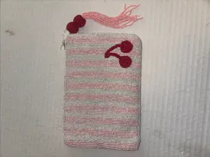 CHERRY BEADED BAG WHITE PINK STRIPED WITH CHERRY DESIGN BEADED TASSEL ZIP PULL thumbnail 3