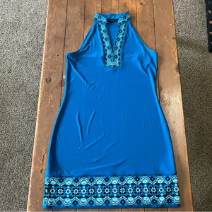 White House Black Market Beaded Turquoise Jersey Embroidered Shift Dress thumbnail 6