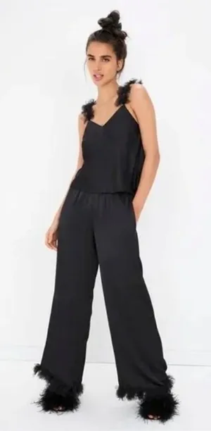 For Love‎ and Lemons small satin and tulle ruffle black pajamas tank long pants thumbnail 1