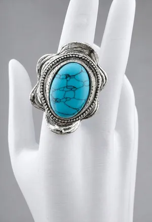 Adjustable Silver Tone Ring with Large Oval Turquoise Stone Blue thumbnail 1