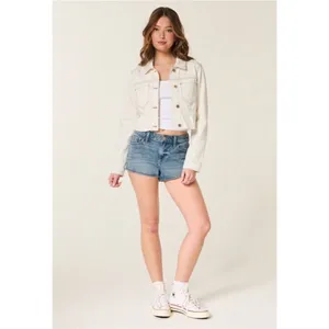 Hollister Cream Crop Denim Trucker Jacket Distressed Raw Hem Size S thumbnail 7