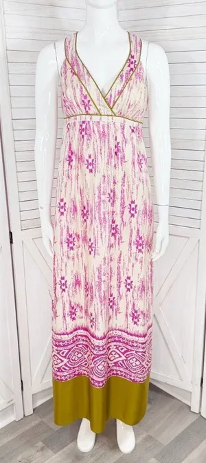 Loft Silk Ikat Tribal Print Maxi Dress Sundress Pink Cream Size‎ 2 thumbnail 1
