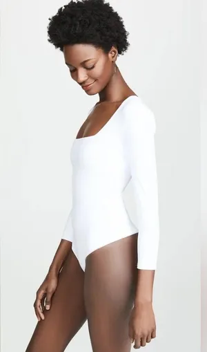 - 3/4 Sleeve Square Eyes Thong Bodysuit, white, size small thumbnail 3
