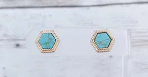 Vintage Stud Earrings Hexagon Shape Gold Tone & Turquoise Tone 0.5" Dainty thumbnail 1