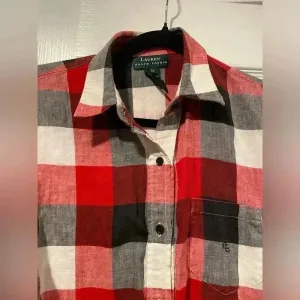 Lauren Ralph Lauren Black Red Plaid 100% Linen Button Down Long Sleeve Size M thumbnail 5