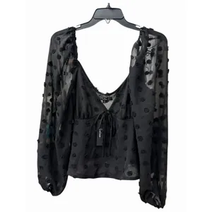 Lulu's Blouse XL‎ Cropped Black Clip Dot Balloon Sleeves Halter Babydoll #AA9-1 thumbnail 6