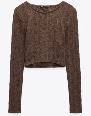 Zara Textured Pointelle‎ Brown Long Sleeve Cropped Top thumbnail 1