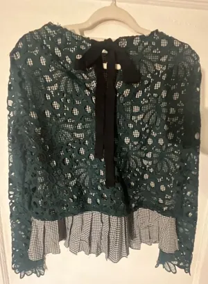 Maeve Anthropologie Gabriella Green Lace and Gingham Peplum Long Sleeve Top thumbnail 3