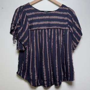 Anthropologie‎ Women Cotton Cameron Tie Sleeve Blouse XS Navy Gold Striped Top thumbnail 1