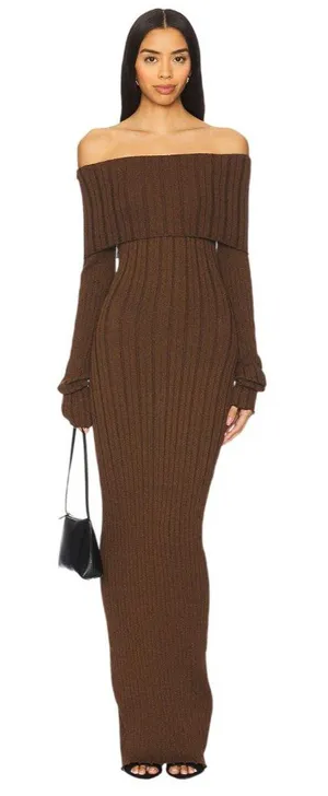 SNDYS Baha Off The Shoulder Maxi Dress in Cocoa Medium New Womens Long Gown thumbnail 1