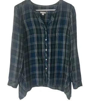 J. Jill‎ Women's Size Small Green Blue Plaid Button Up Blouse thumbnail 1