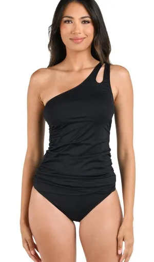 NWT La Blanca Island Goddess One Shoulder Keyhole Tankini Swim Top Black 14 thumbnail 1
