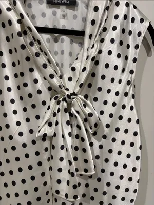 Nine West Black and White Polka Dot Satin Blouse with Tie Neck Size L thumbnail 3