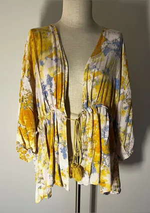 Yellow & Blue Tie-Front gauzy Peasant Blouse thumbnail 1