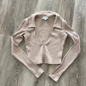Princess Polly faith ribbed collared crop top long sleeve beige tan neutral thumbnail 1