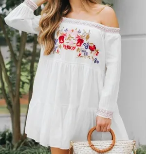 Free People White Off-Shoulder Embroidered Mini Dress Size XS thumbnail 1