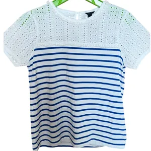 J.Crew Womens XS Mixed Media Eyelet Lace Striped Short Sleeve Top Blue White thumbnail 3