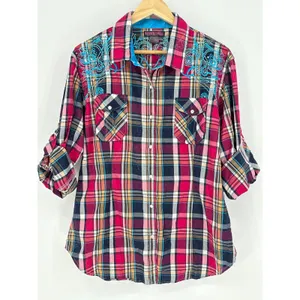 Rock‎ & Roll Cowgirl Embroidered Plaid Pearl Snap Western Shirt XL Rhinestone thumbnail 2