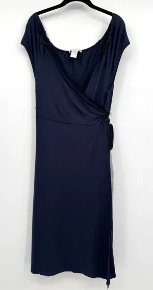 COTE FEMME Navy Blue Wrap Midi Dress Sz 14/16 V-Neck Sheer Trim Preppy Feminine thumbnail 1