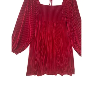Red Pleated Velvet Mini Dress Square‎ Neck Lantern Sleeve Holiday Boho Party L thumbnail 5
