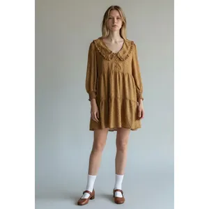 Boutique Mustard Ditsy Floral Ruffle Collar Babydoll Mini Dress M/L thumbnail 2