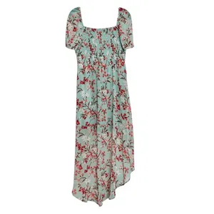 As You Wish Green Floral Chiffon Smocked Asymmetrical Dress LARGE Cottage Flowy‎ thumbnail 5