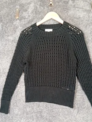 J Crew Pointelle Crewneck Sweater Black Knit Pull Over Boho Fall Womens M thumbnail 4