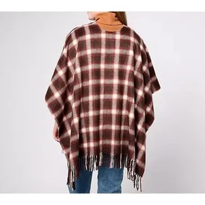 Denim & Co Heritage Plaid Cape Womens M Brown‎ White Fringe Buckle Closure thumbnail 2