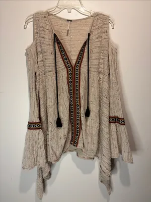 Free People “For The Love of Flowers Tunic” Top Textured Flare Sleeve Boho SZ M thumbnail 3